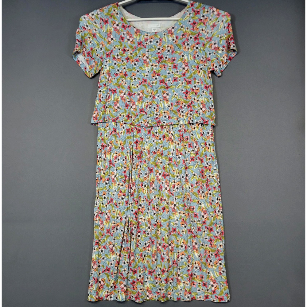 J Jill Dress‎ Womens XS Blue Floral Short Sleeve Layered Overlay Back Buttons
